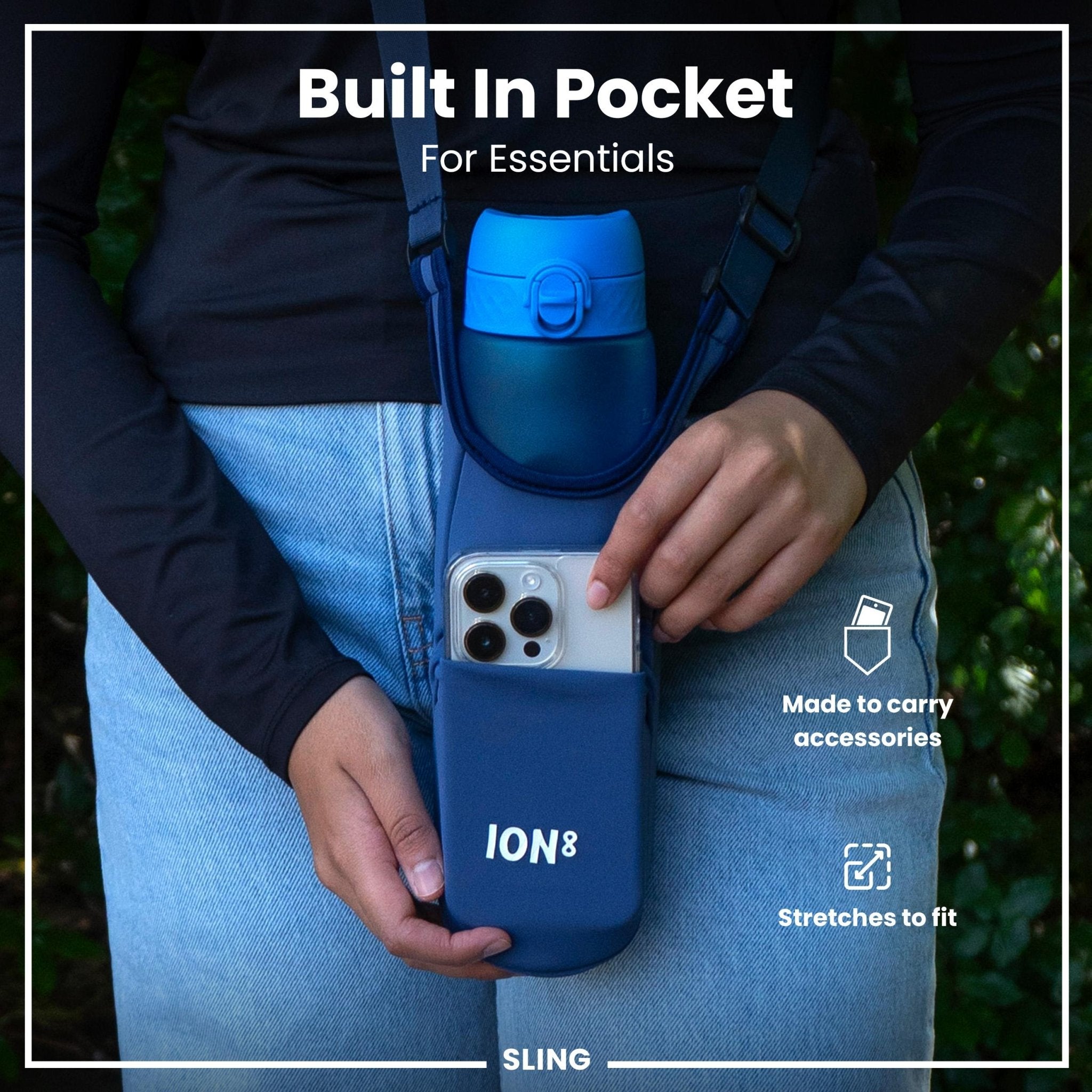 Navy ION8 Sling Bag with built-in bottle holder, compact Xtras & Add-Ons accessory for convenient carrying and hydration.