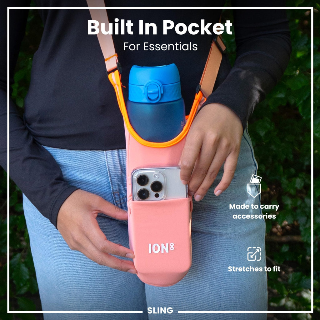 Coral lightweight sling bottle bag from ION8's Xtras & Add-Ons collection, designed for convenient carrying and hydration.