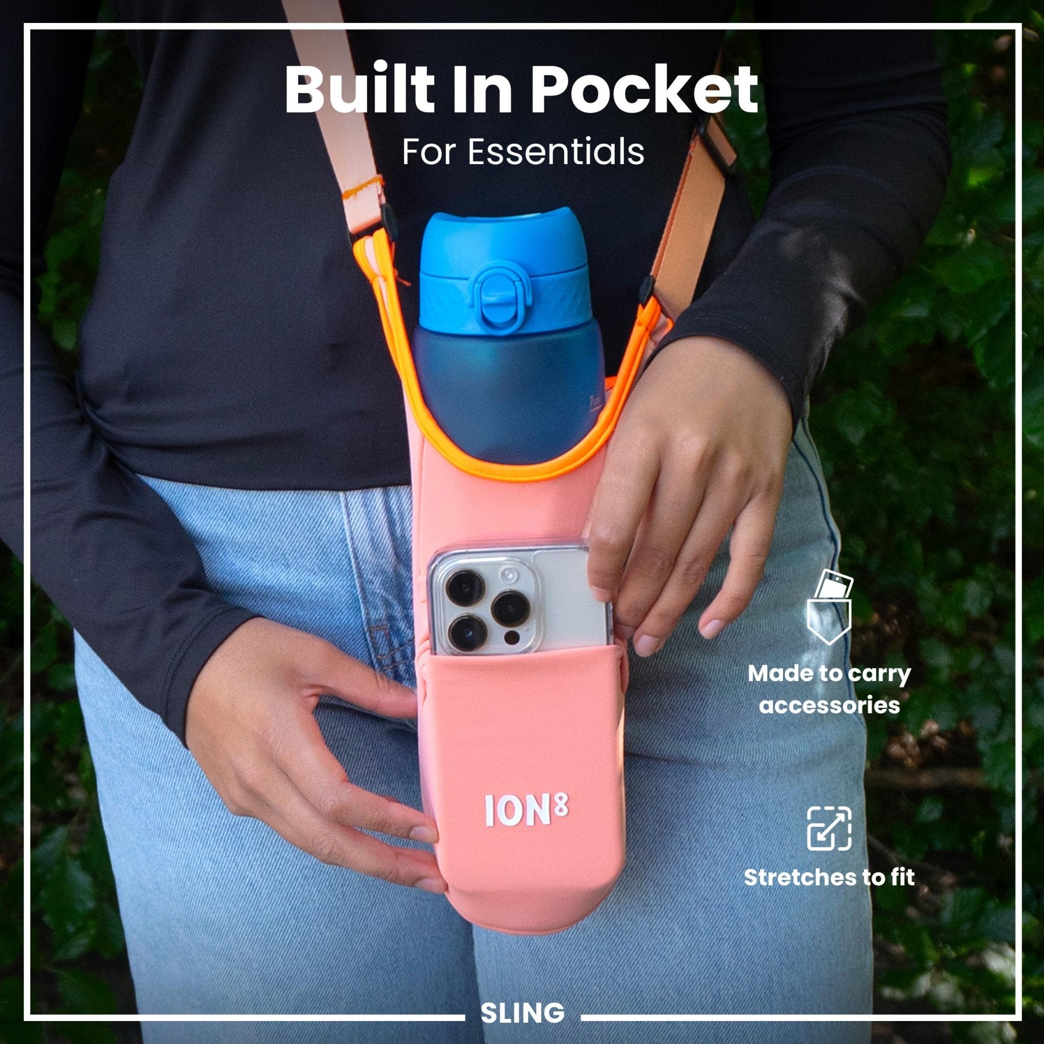 Coral lightweight sling bottle bag from ION8's Xtras & Add-Ons collection, designed for convenient carrying and hydration.