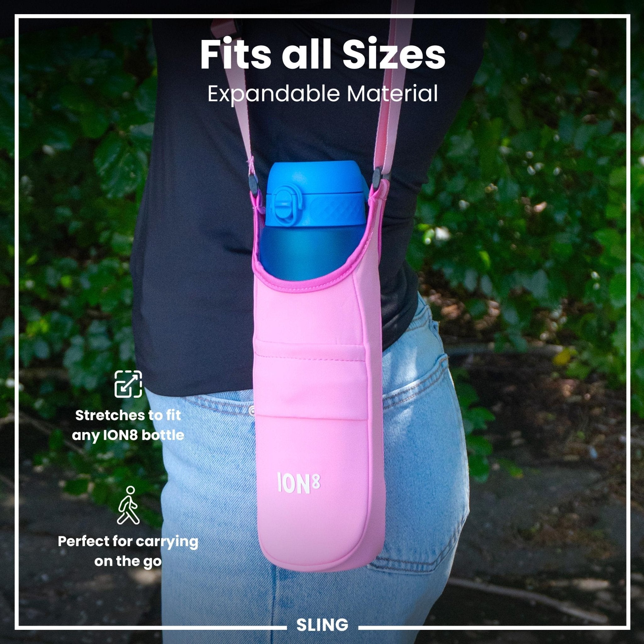 Pink ION8 lightweight sling bottle bag from Xtras & Add-Ons collection, featuring a compact design and adjustable strap.