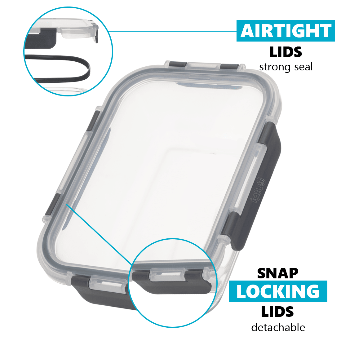 Set of five Igluu Meal Prep glass food storage containers with 1050ml capacity and airtight lids for meal prep and storage.