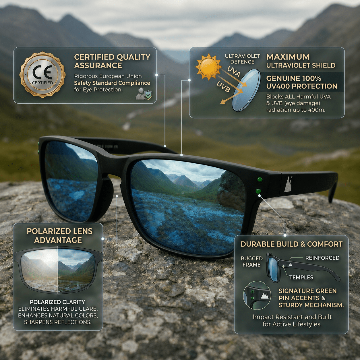 HikeWare UV400 polarized sunglasses with black frames and dark lenses, designed for outdoor hiking and sun protection.