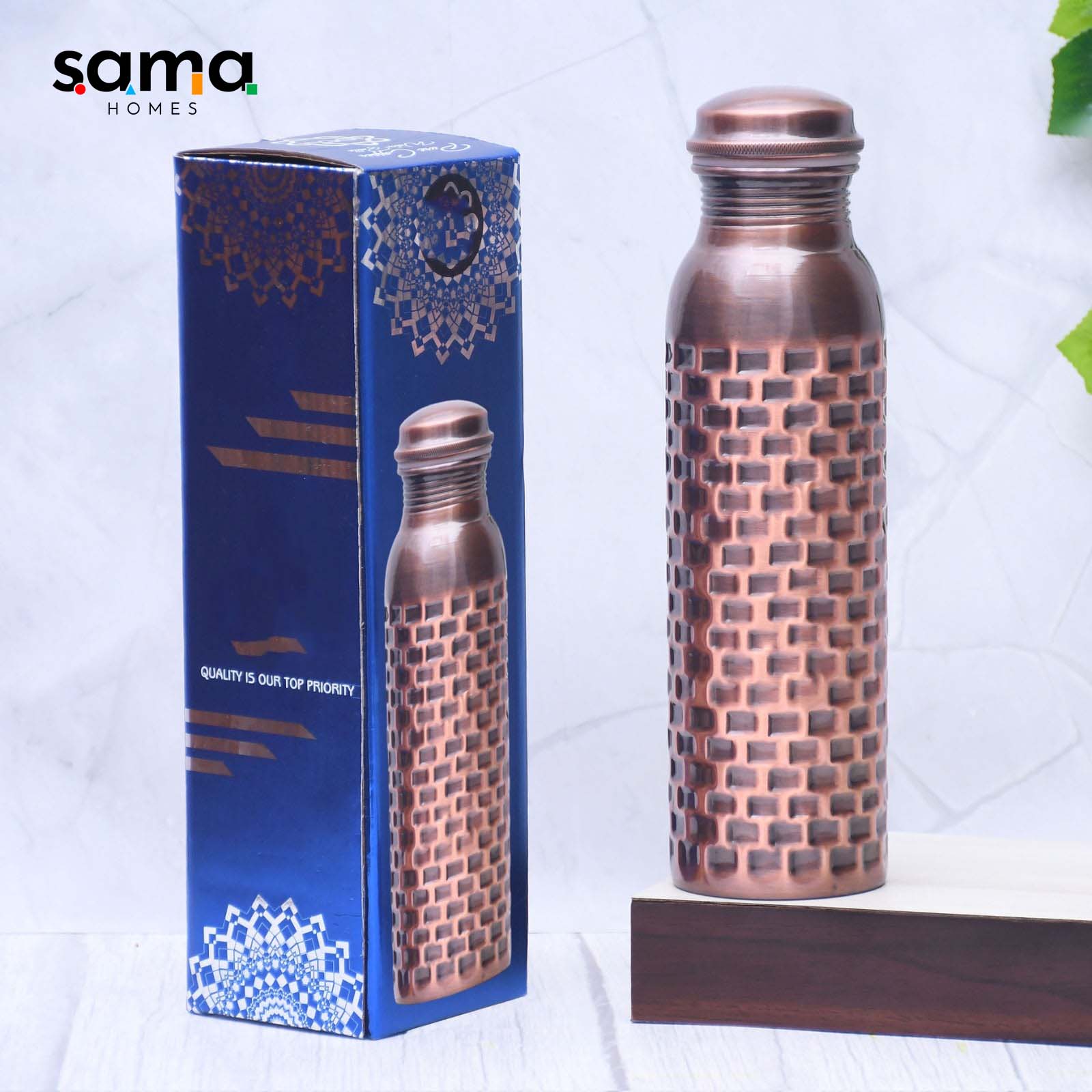 Pure copper antique water bottle with brick design, 1000ML capacity, featuring traditional craftsmanship by SAMA Homes.