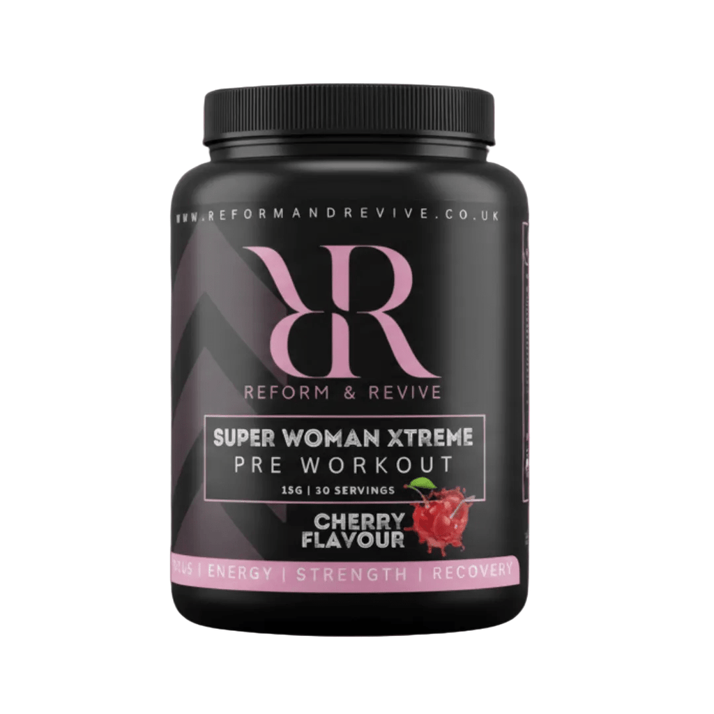 Super Woman XTREME Pre Workout powder by Reform and Revive in various flavors, shown in a 450g container with scoop.