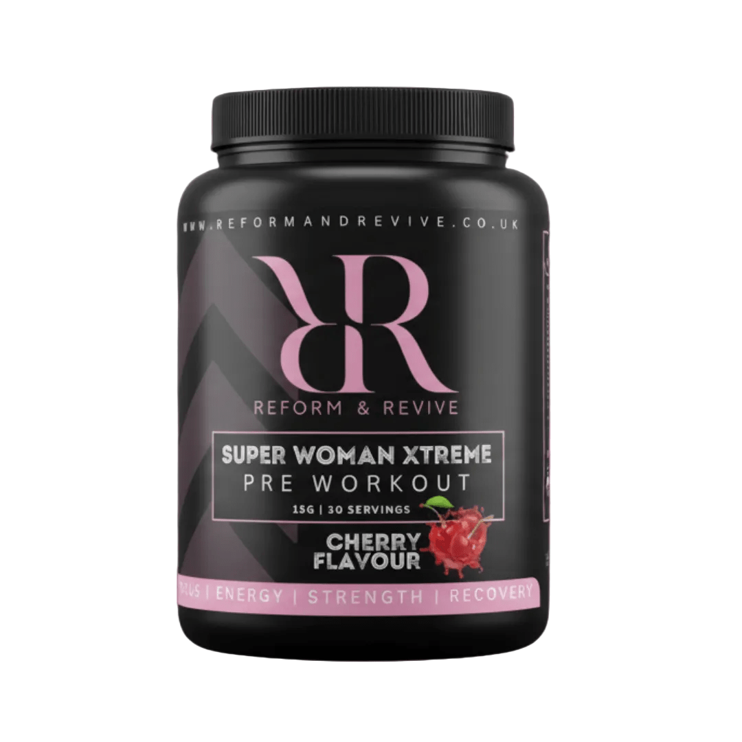 Super Woman XTREME Pre Workout powder by Reform and Revive in various flavors, shown in a 450g container with scoop.