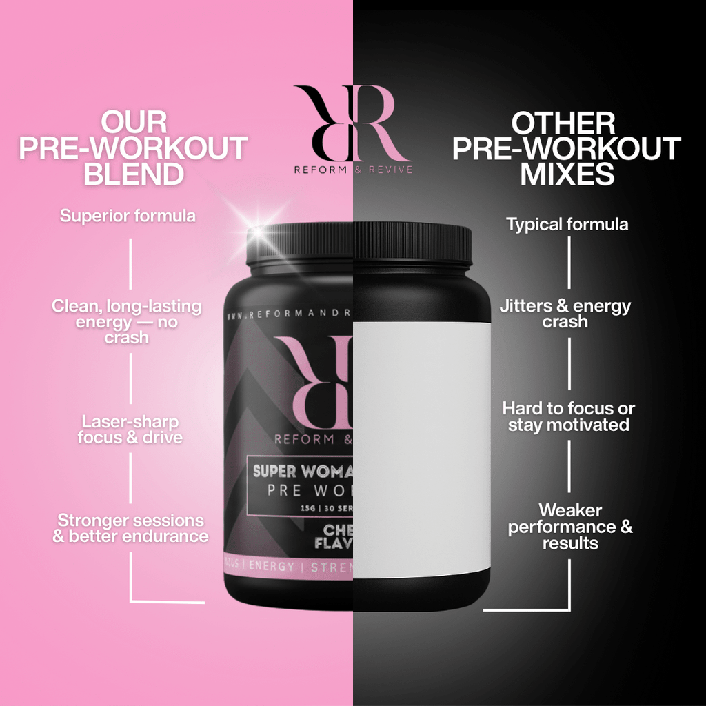Reform and Revive Super Woman XTREME Pre Workout 450g container in various flavors, showing the colorful product packaging.