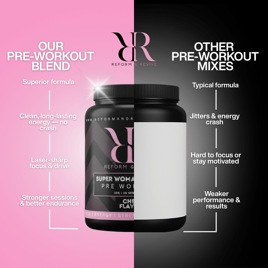 Reform and Revive Super Woman XTREME Pre Workout 450g container in various flavors, showing the colorful product packaging.