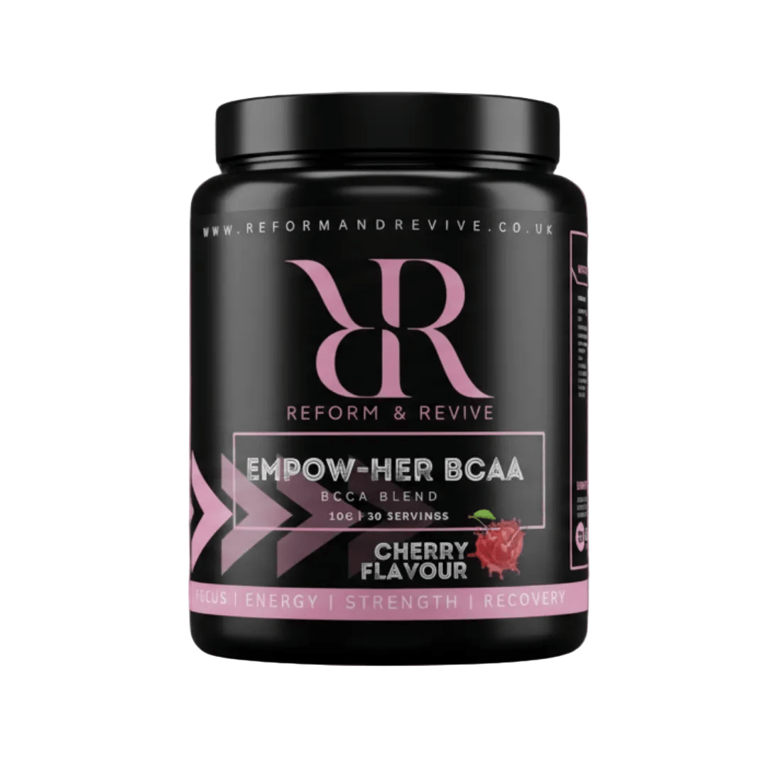 Reform and Revive EmpowHER Recovery Aminos 6:1:1 Formula in a fitness supplement container with label displaying product details.