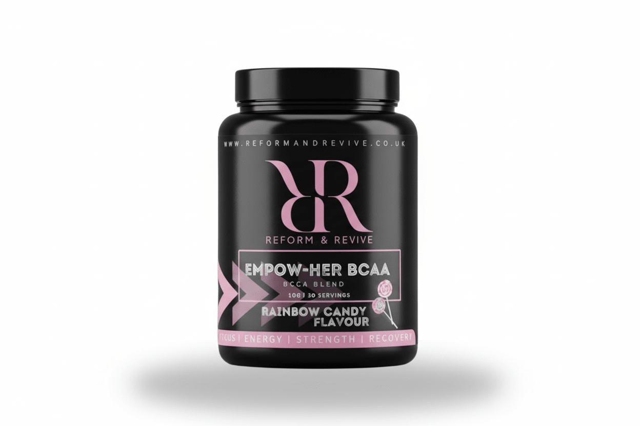 Reform and Revive EmpowHER Recovery Aminos 6:1:1 Formula fitness supplement container with label and product details.