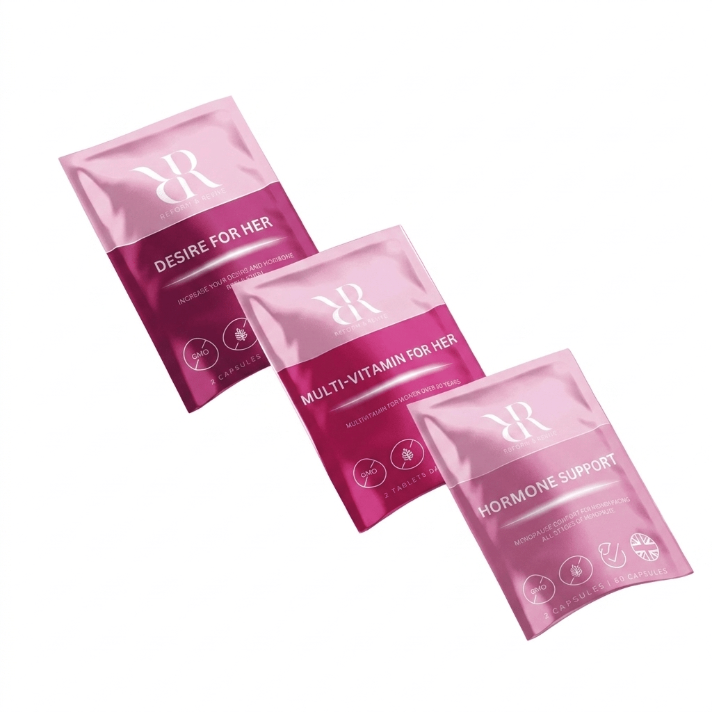 Reform and Revive Hormone Harmony Bundle of vitamins, featuring various supplement bottles for hormone balance and wellness.