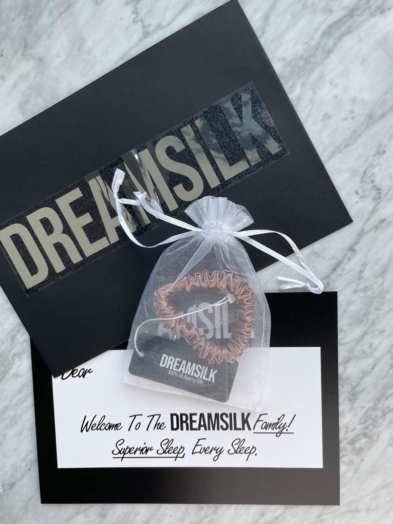 DREAMSILK bronze silk scrunchie, skinny style, made of smooth, shiny silk fabric for gentle hair hold and elegant look.