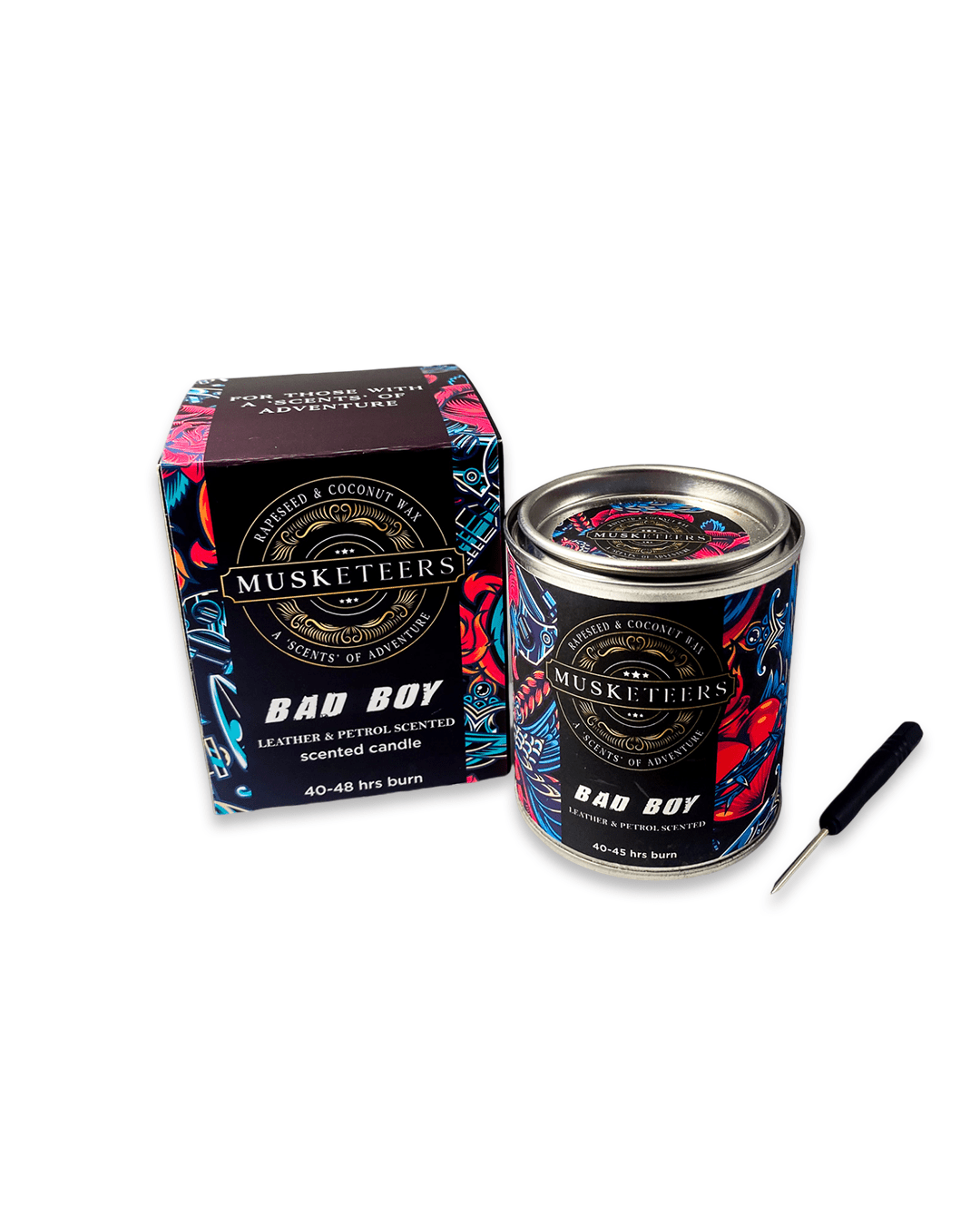 Musketeers Bad Boy Leather Candle with petrol and leather scent, masculine man cave candle, in a dark glass container.