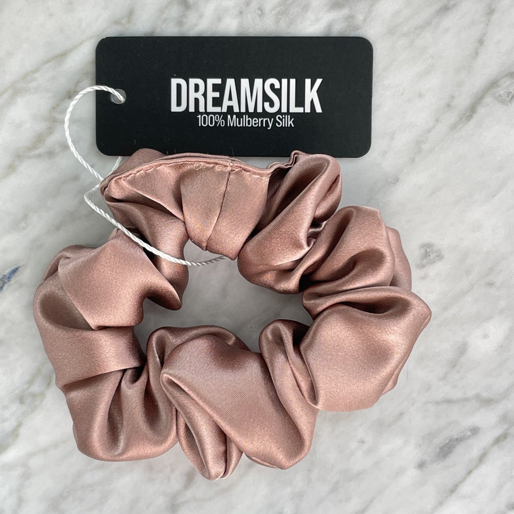 Bronze silk scrunchie from DREAMSILK, regular size, soft and smooth fabric for gentle hair styling.