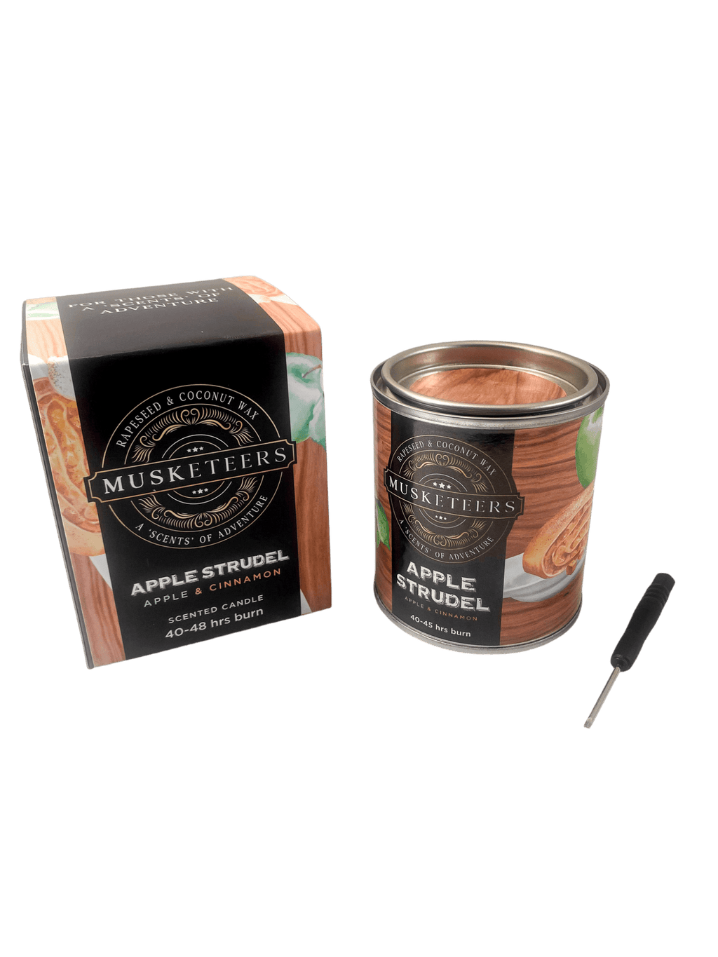 Apple Scented Candle by Musketeers, luxury bakery candle with apple strudel aroma, in a decorative jar, perfect for cozy home ambiance.
