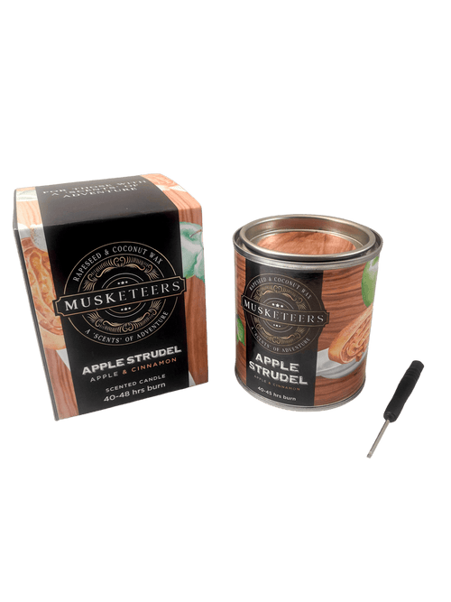 Apple Scented Candle by Musketeers, luxury bakery candle with apple strudel aroma, in a decorative jar, perfect for cozy home ambiance.