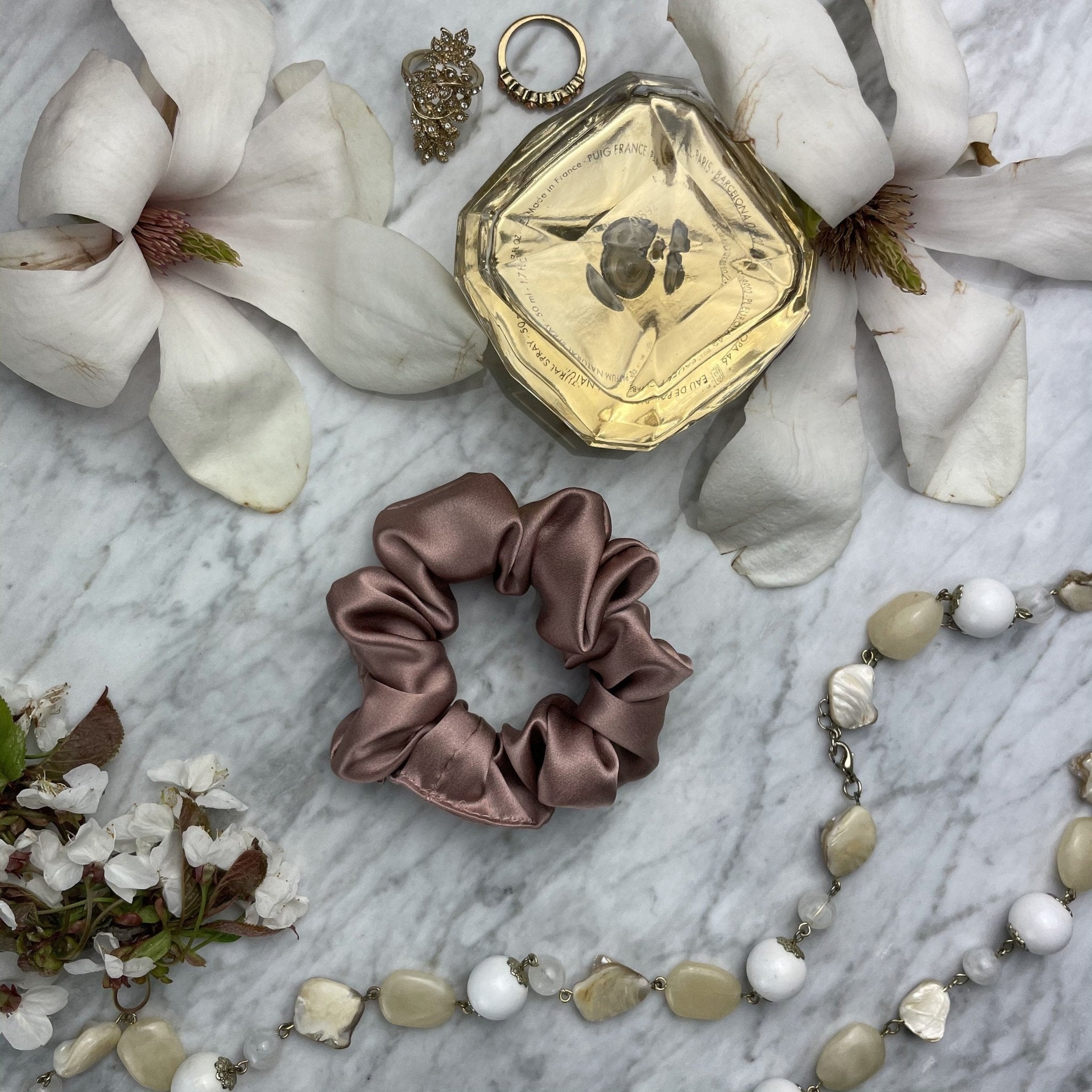 DREAMSILK bronze silk scrunchie in regular size, soft and shiny fabric for gentle hair styling and elegant look.