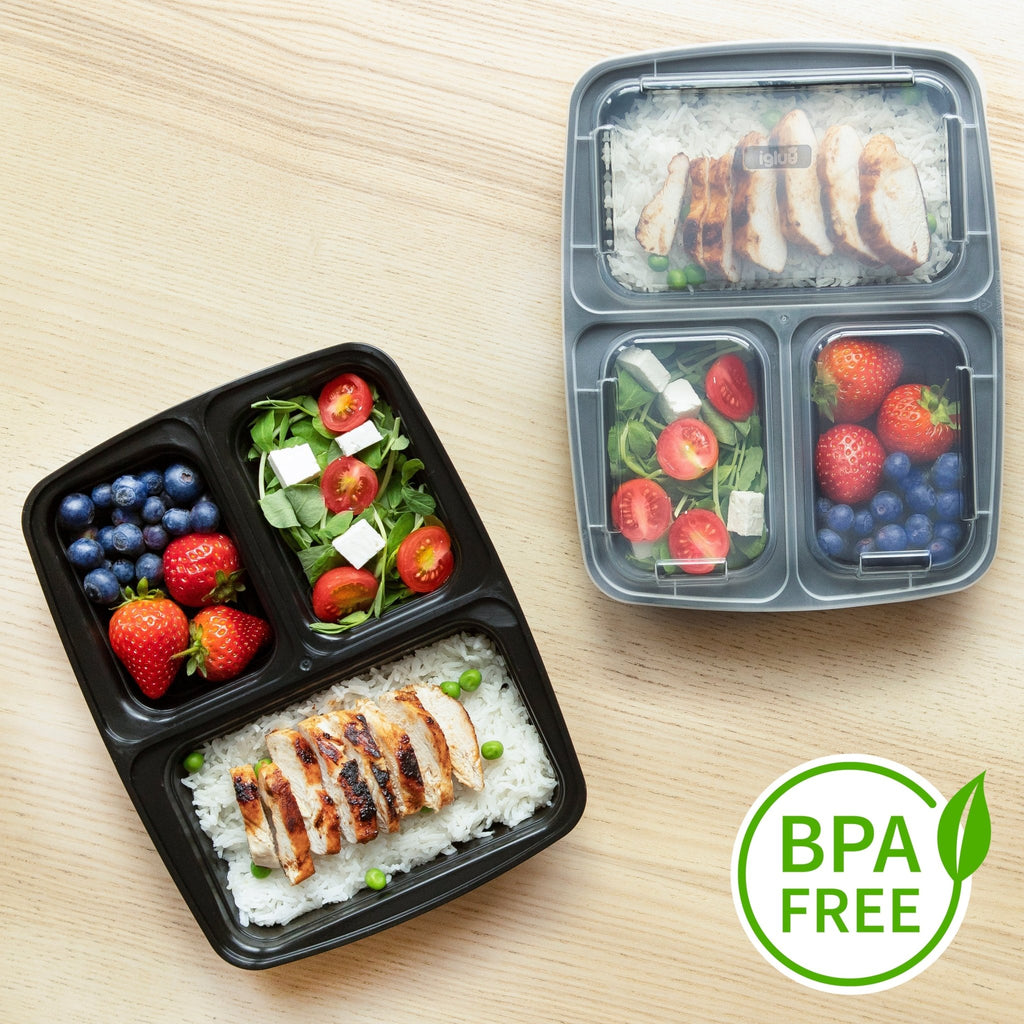 Igluu Meal Prep 3-compartment reusable containers with airtight lids, 946ml, perfect for meal prep and food storage.