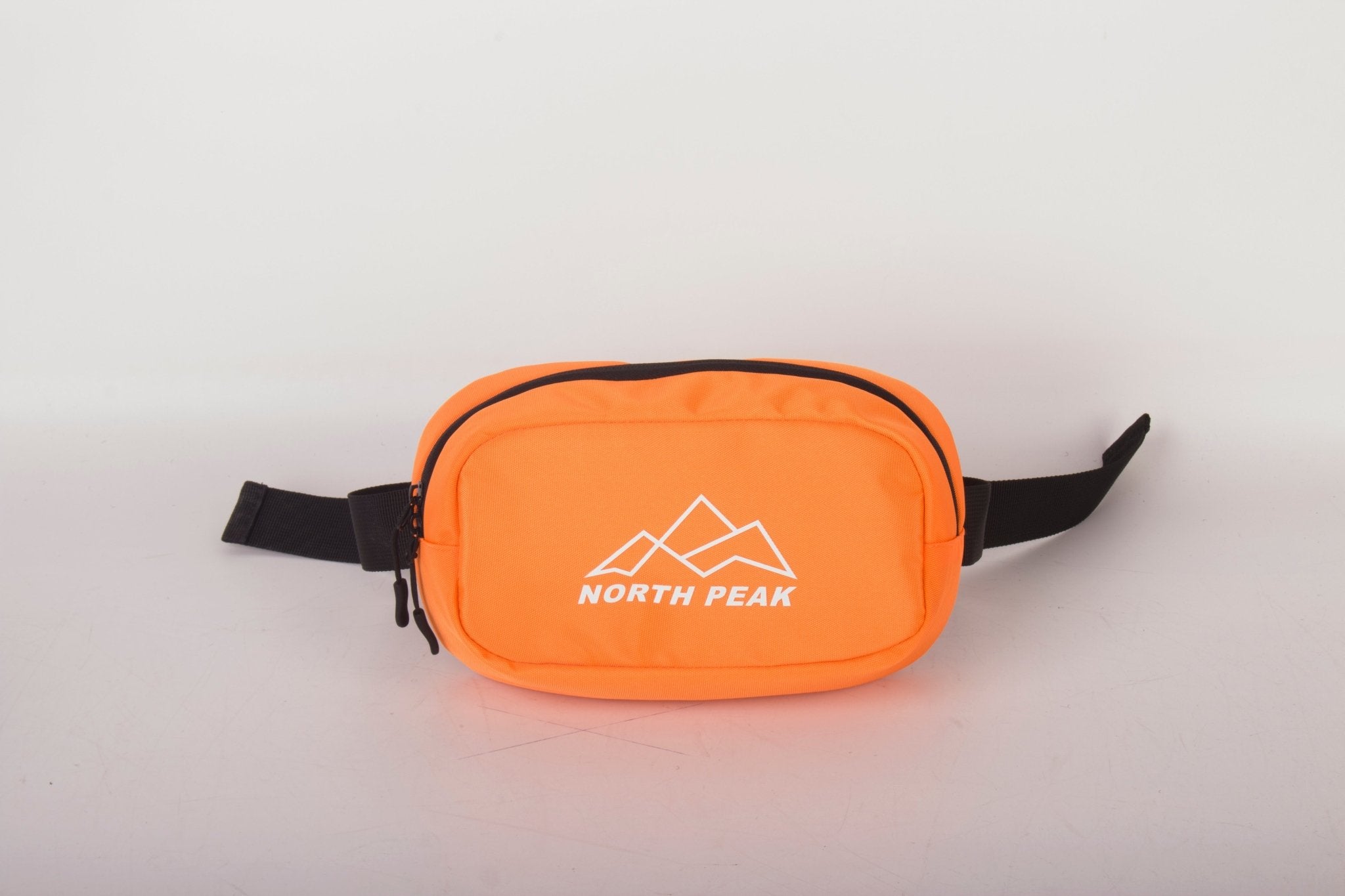 North Peak Ridge Bum Bag, black waist bag with adjustable strap and zippered compartments, designed for outdoor activities.
