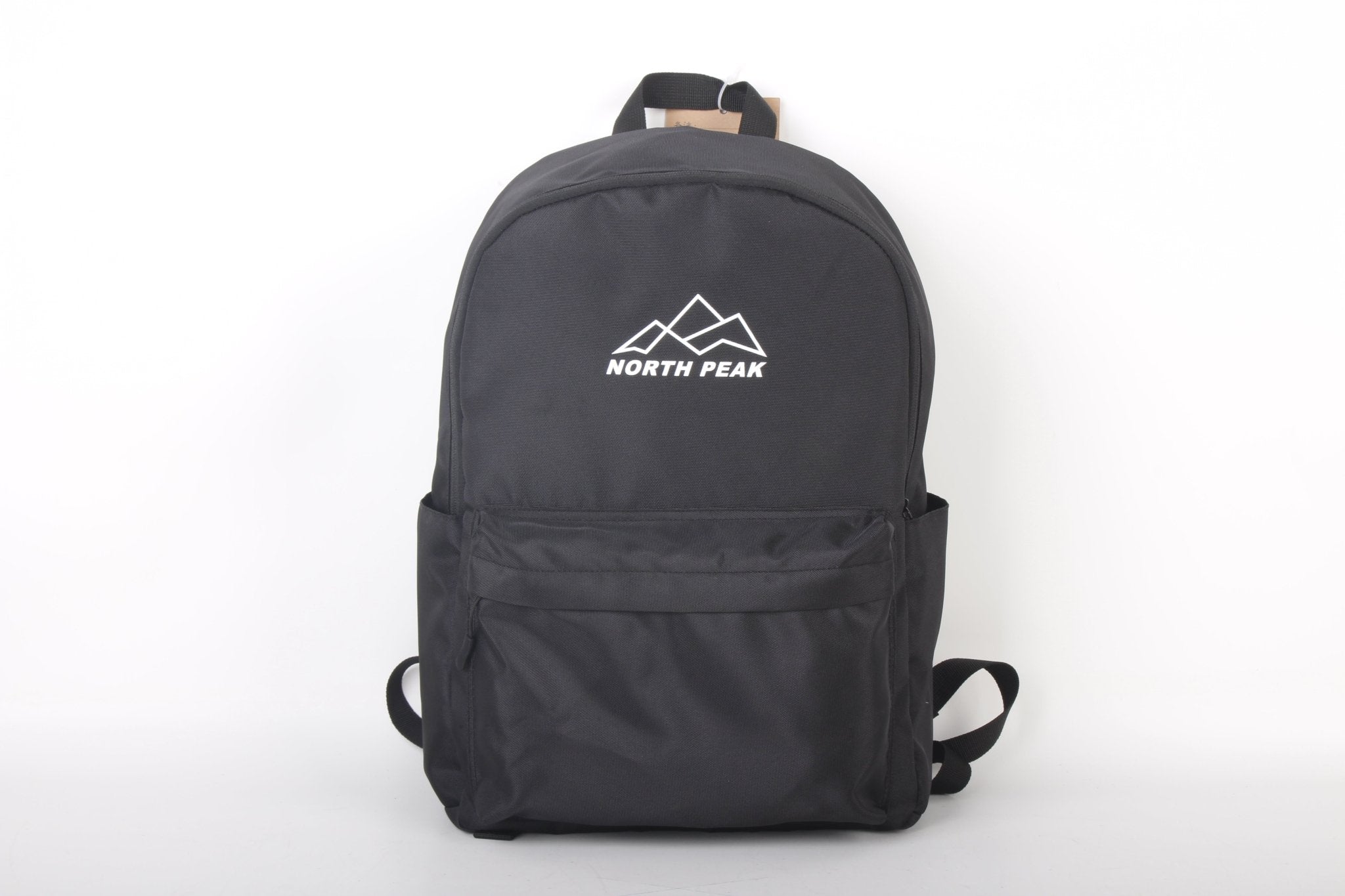 North Peak Gorge backpack with multiple compartments and adjustable straps, shown in a sleek black design.