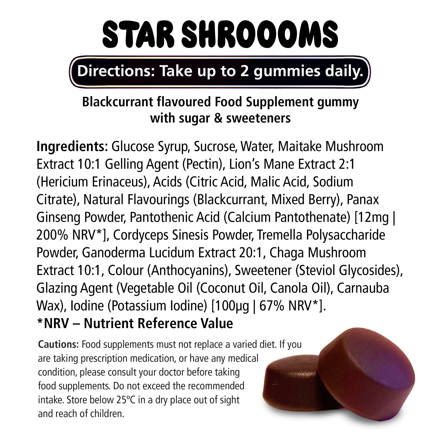 Diagram showing ingredients of Innooova Mind, Body & Soul 30-day supply featuring simple star mushrooms for health support.