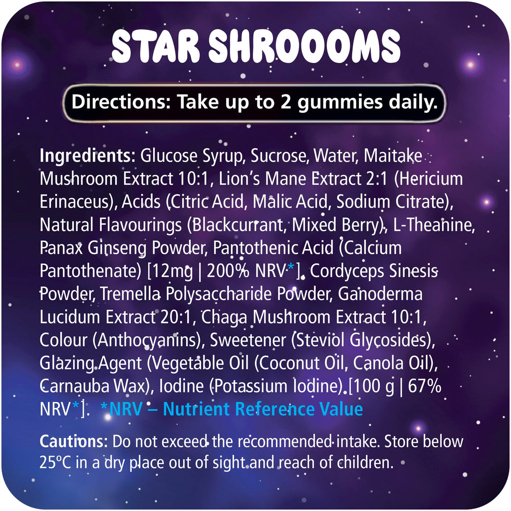 Infographic showing ingredients of Innooova StarShroooms Trial Pack, featuring mushroom imagery and supplement information.