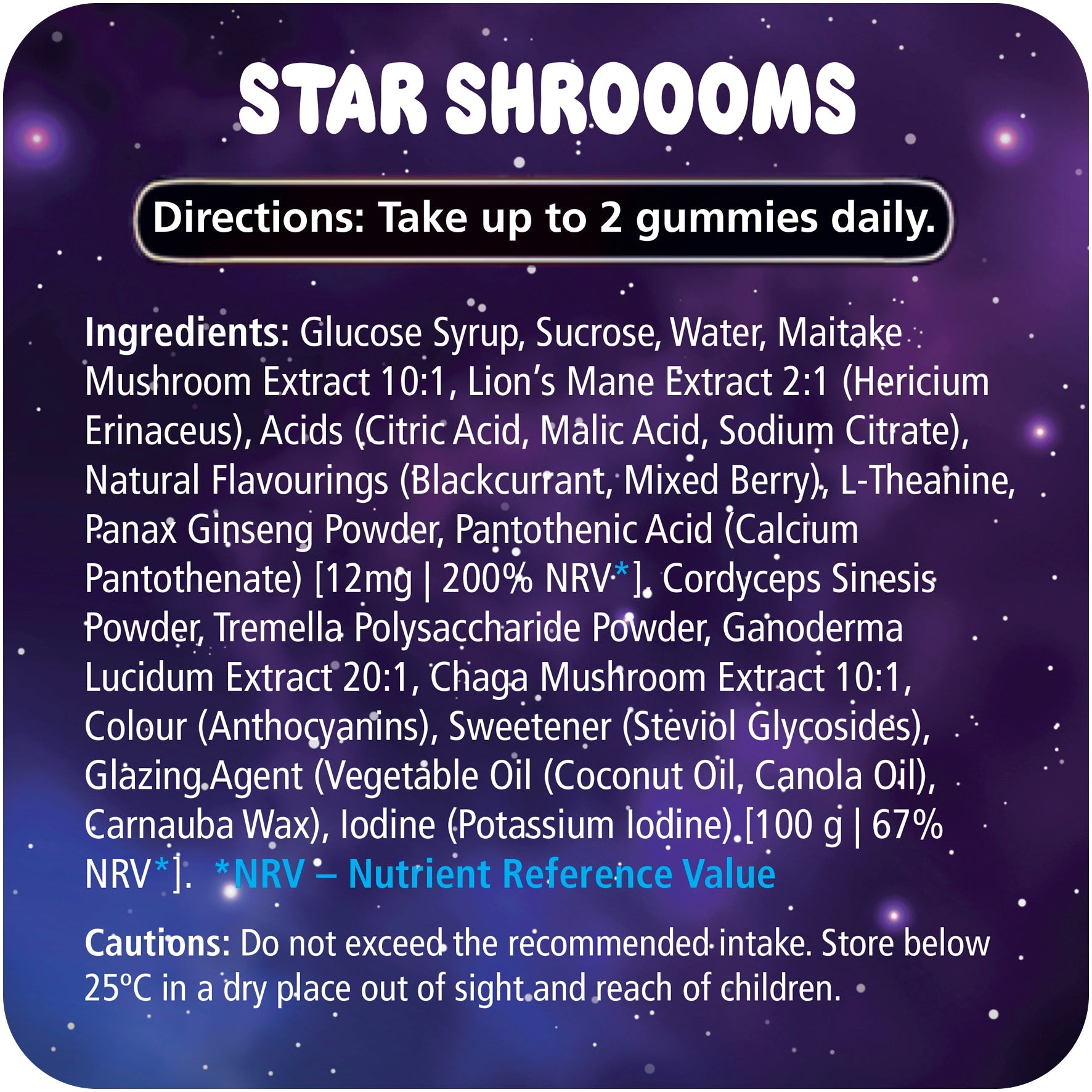 Infographic showing ingredients of Innooova StarShroooms Trial Pack, featuring mushroom imagery and supplement information.