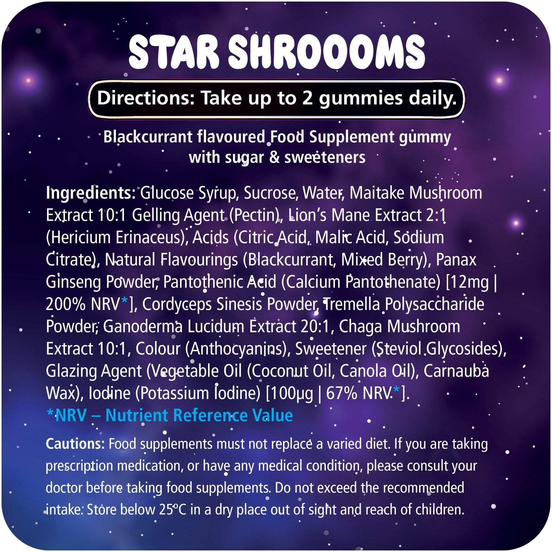 Infographic showing ingredients of Innooova StarShrooms Full Pack, featuring various mushroom types and health benefits.