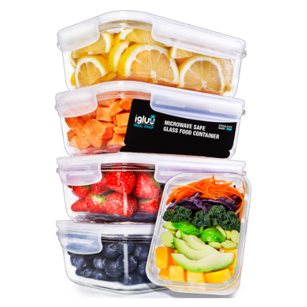 Set of five Igluu Meal Prep glass containers with steam vent lids, 840ml capacity, plus one extra lid, ideal for meal prep.