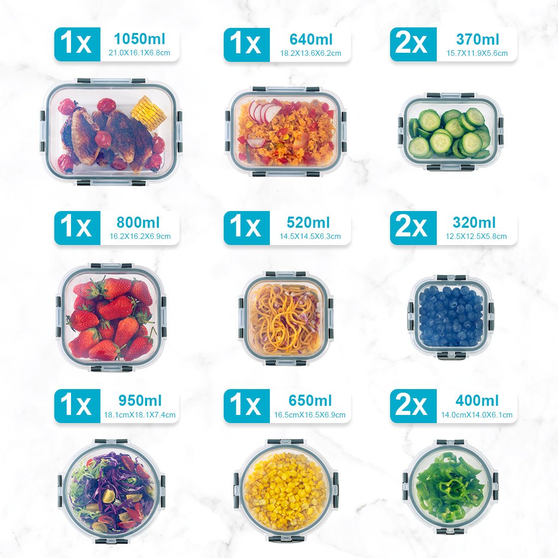 Set of 12 Igluu Meal Prep glass food storage containers with airtight lids in assorted sizes, ideal for meal prep and storage.