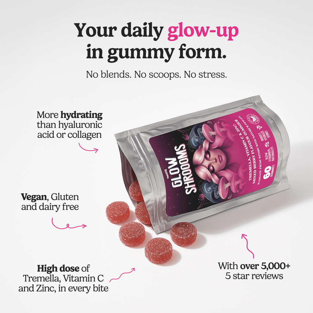 Innooova Glow & Flow Bundle with 30-day supply, featuring supplement bottles and natural ingredients for enhanced wellness.