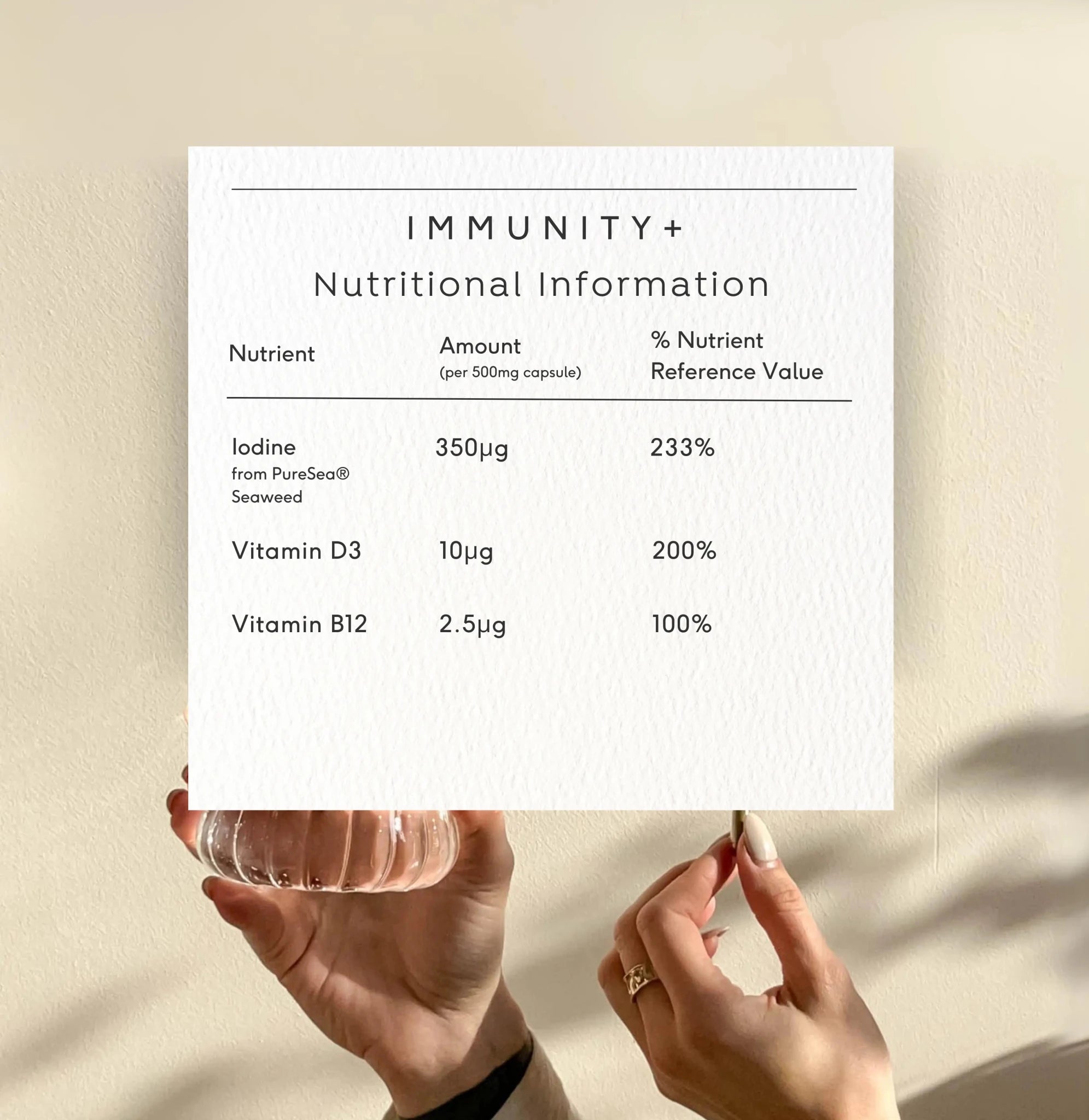 Doctor Seaweed Immunity+ supplement bottle with nutritional information label showing healthy ingredients for immune support.