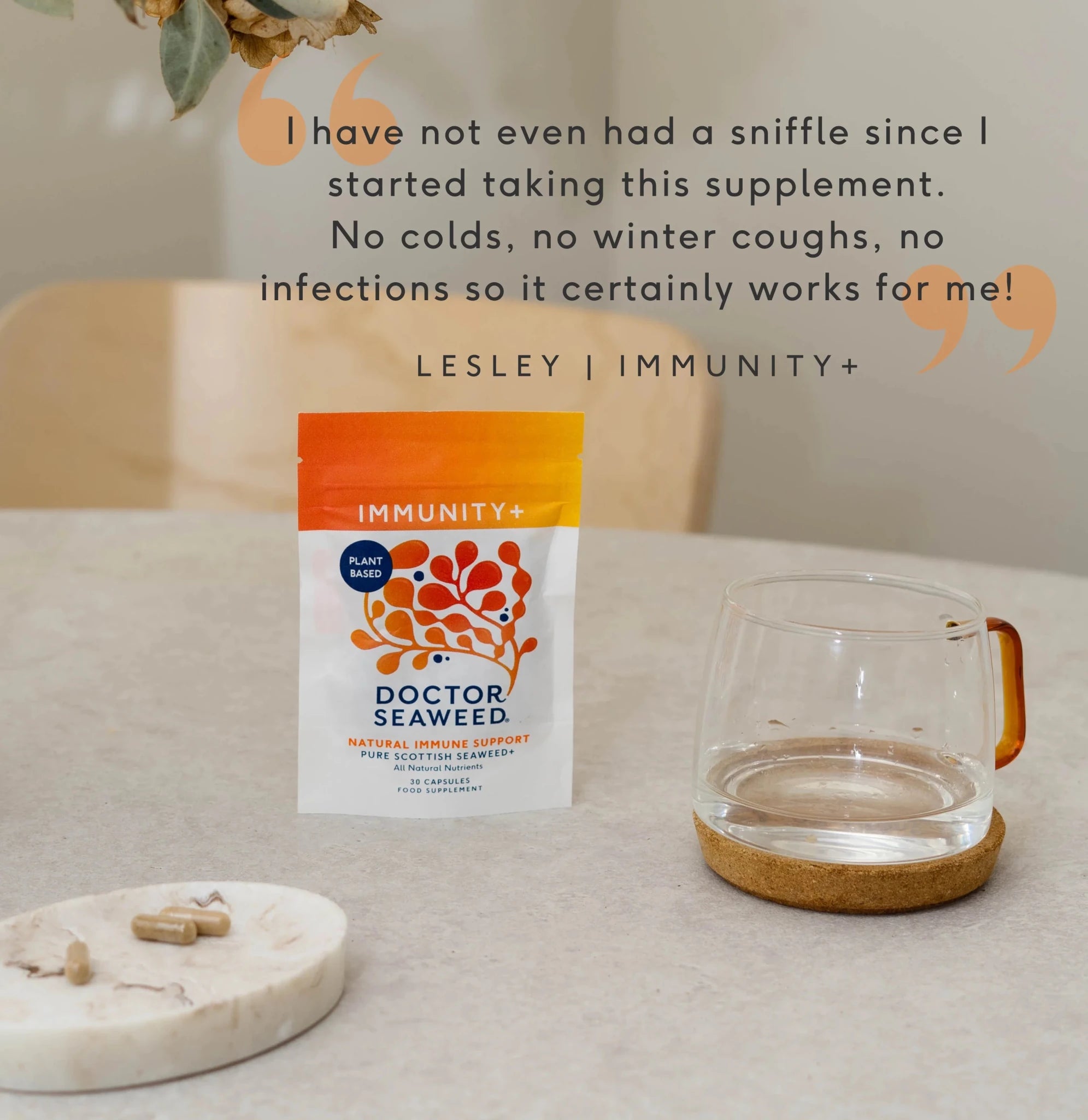 Doctor Seaweed Immunity+ supplement bottle with label, set against a clean background, highlighting the natural health product.