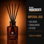 Bro Candle Imperial Oud Reed Diffuser with natural reed sticks and elegant glass bottle for aromatic home fragrance.