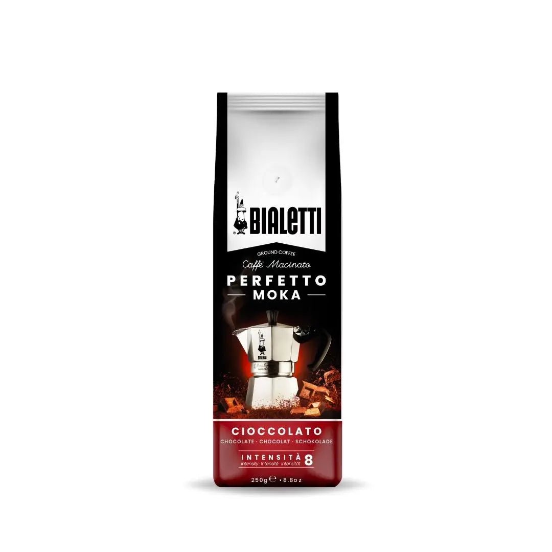 Bialetti Brew Italia Perfetto Moka Stovetop Coffee ground in a resealable bag showing rich, dark coffee grounds with branding details.