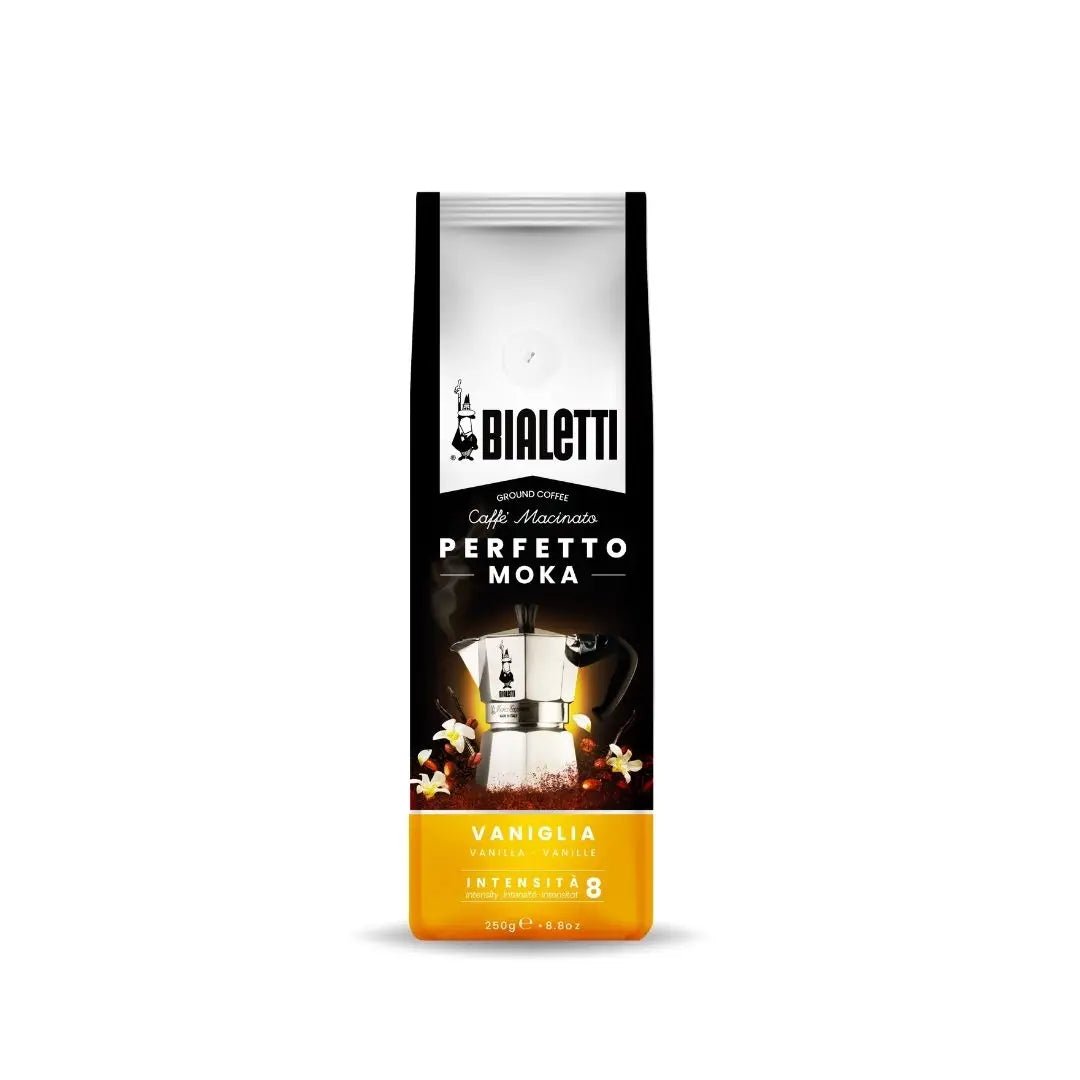 Bialetti Perfetto Moka stovetop coffee with vanilla-flavored Italian-ground coffee in a Brew Italia package