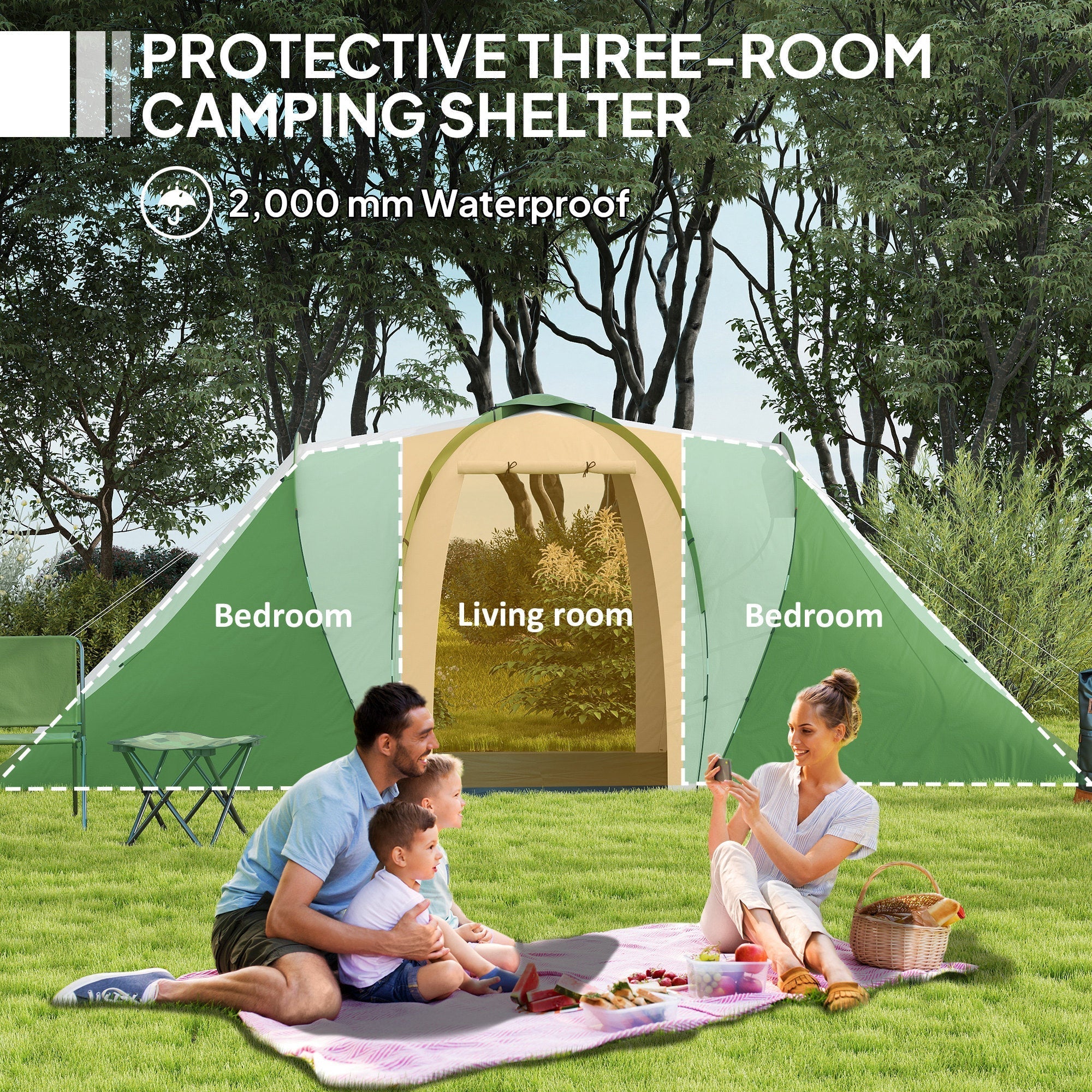 Outsunny Large Camping Tent Tunnel Tent with 2 Bedroom and Living Area, 2000mm Waterproof, Portable with Bag for 4-6 Man, Green