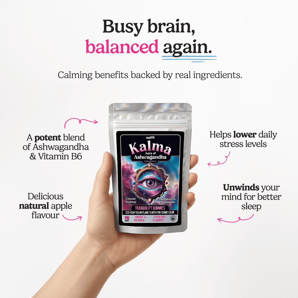 Innooova Kalma Trial Pack with multiple supplement bottles and packaging for relaxation and stress relief.