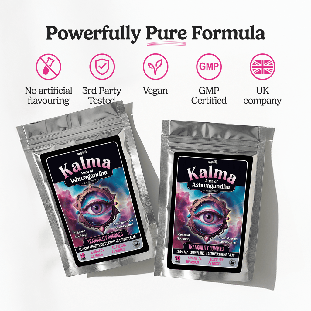 Innooova Kalma Trial Pack with assorted supplements displayed in a box, featuring various small bottles and capsules.