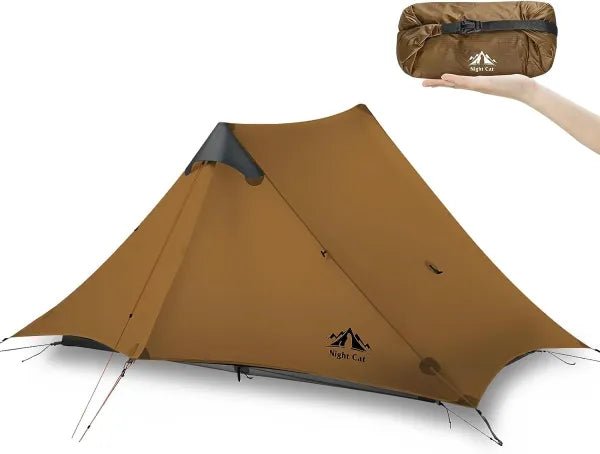 HikeWare Night Cat 2-person lightweight backpacking tent in khaki, showing the compact, durable tent with rainfly and ventilation.
