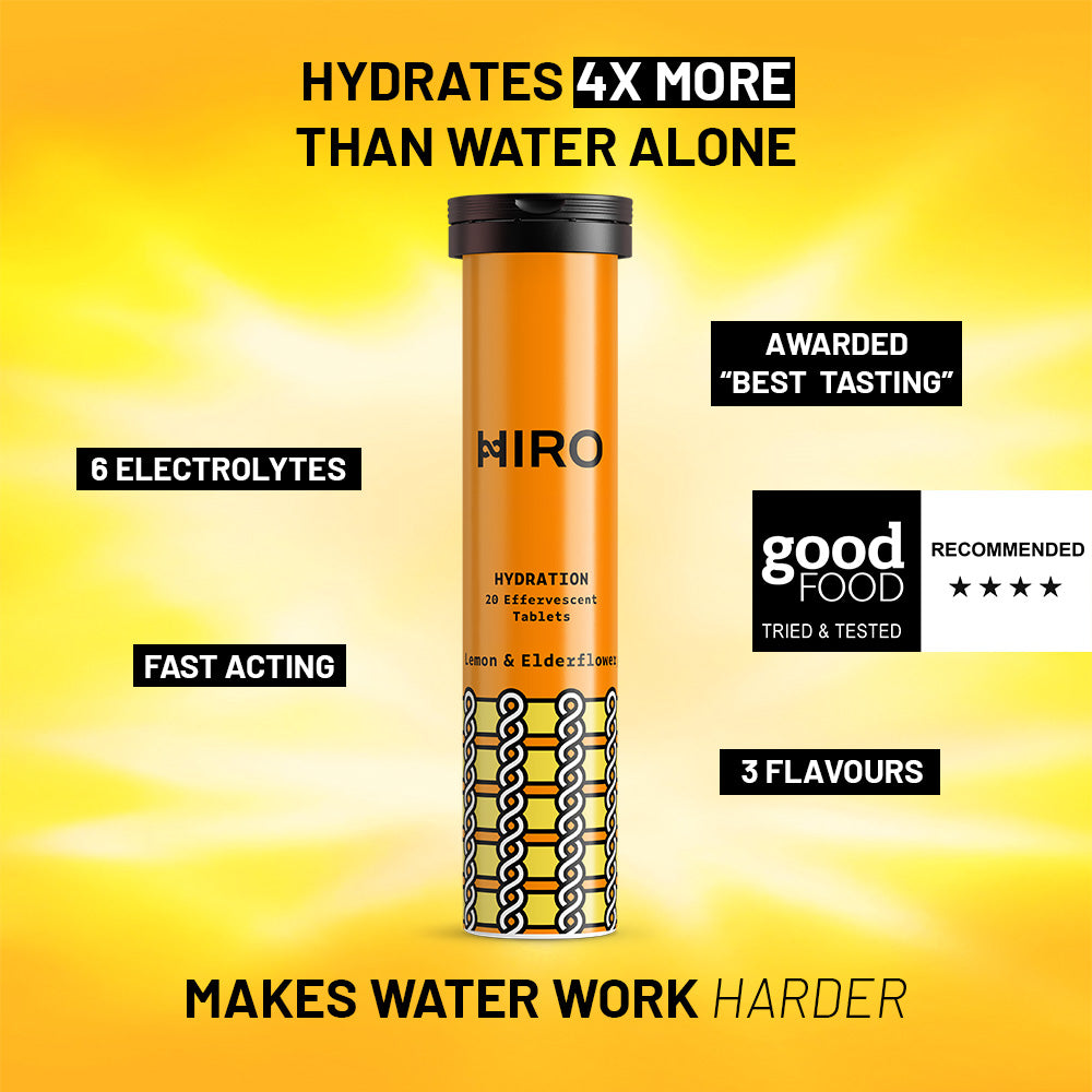 Hiro Hydration Lemon & Elderflower triple pack with sunburst label design, featuring vibrant yellow and floral imagery