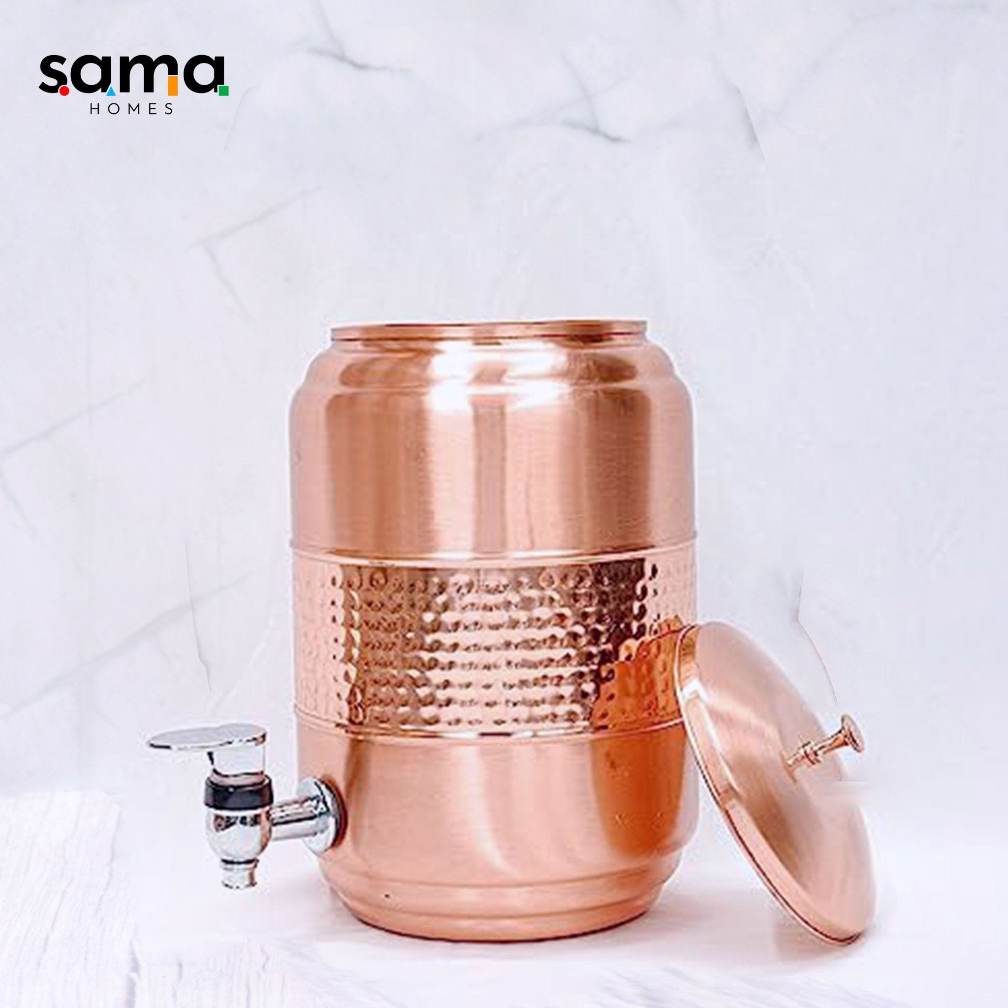 Pure copper 5-liter half-hammered water dispenser by SAMA Homes, featuring a traditional matka design and sturdy handle.