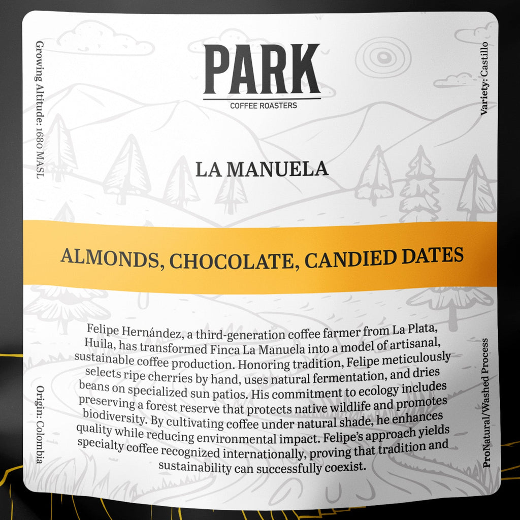 Close-up of Park Coffee Colombia La Manuela roasted coffee beans highlighting rich brown color and textured surface.