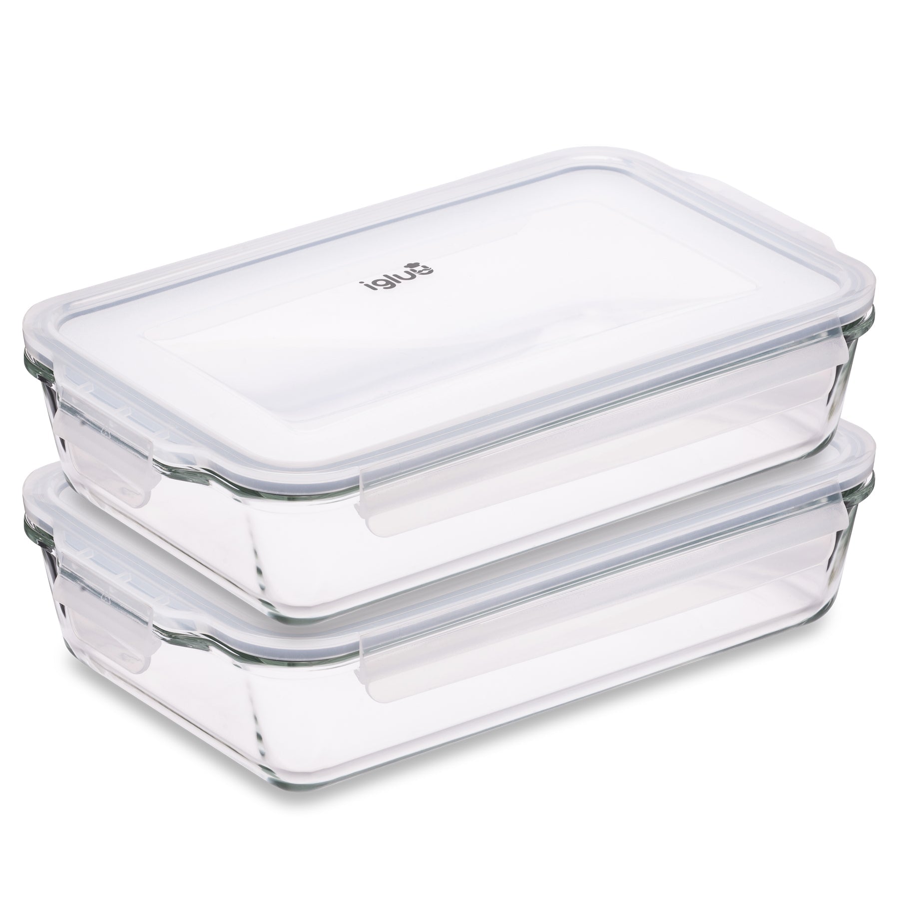 Two 2.2L Igluu Meal Prep borosilicate glass lasagne dishes with lids, clear and durable for baking and storage.