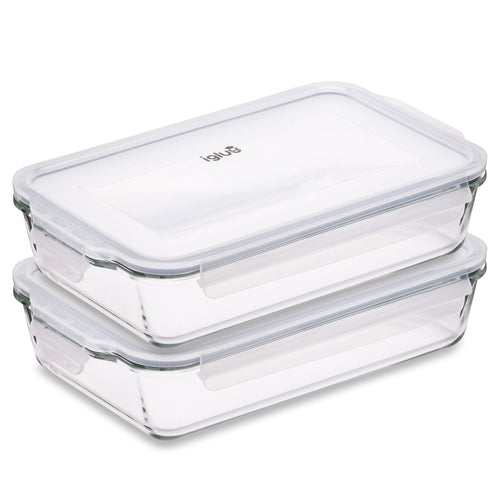 Two 2.2L Igluu Meal Prep borosilicate glass lasagne dishes with lids, clear and durable for baking and storage.