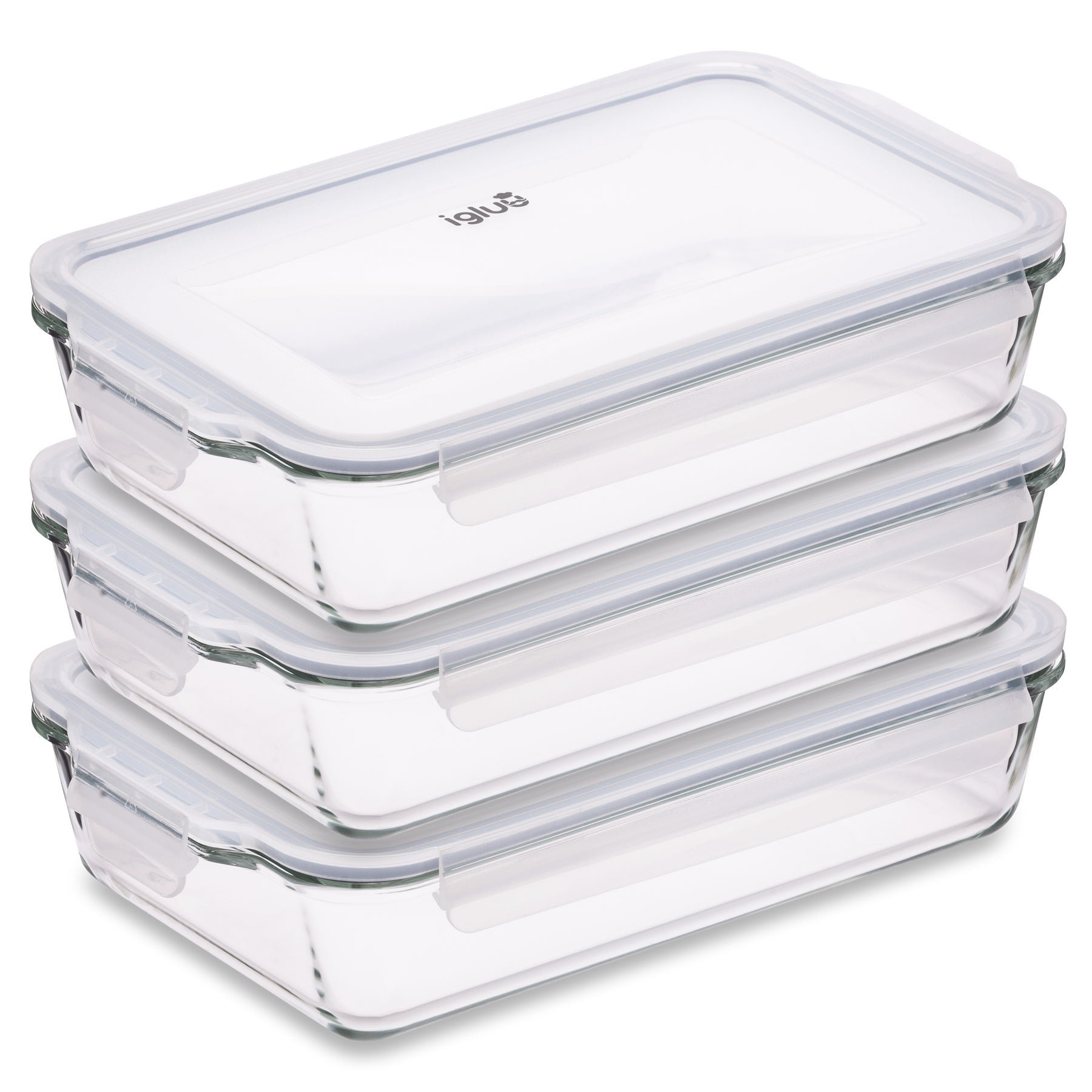 Set of three Igluu borosilicate glass lasagne dishes with lids, 2.2L capacity, ideal for baking and meal prep.