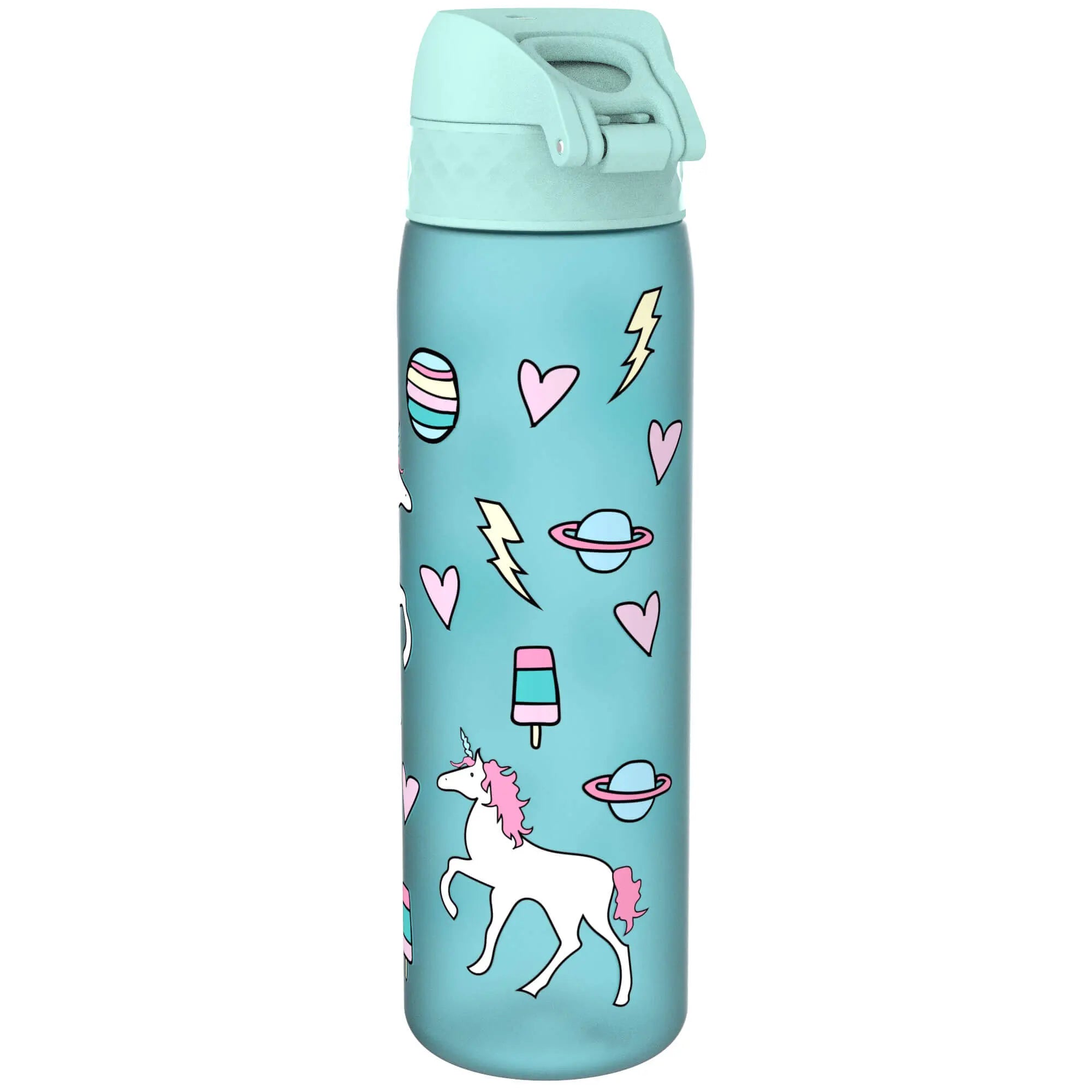 Ion8 Leak-Proof Slim Recyclon Water Bottle with Planet Unicorns design, 500ml (18oz), portable and durable hydration solution.