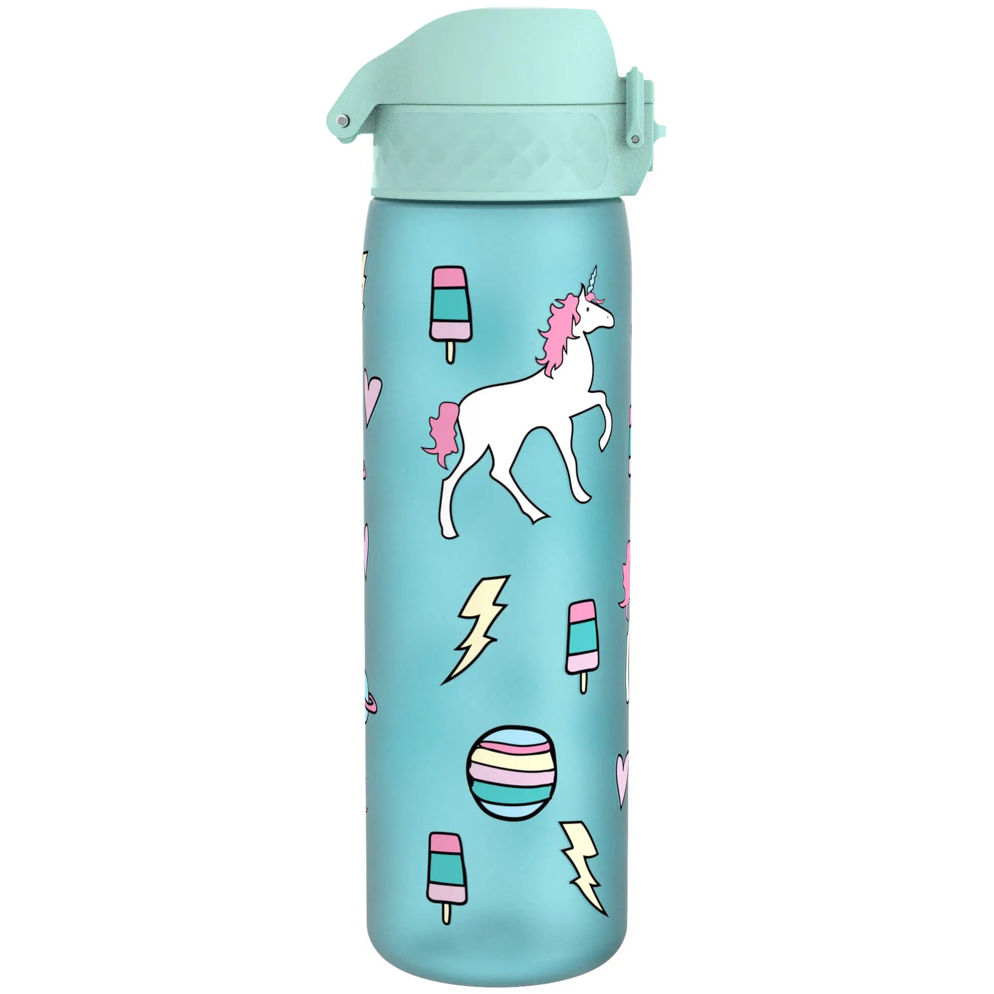 Ion8 leak-proof slim water bottle with Planet Unicorns design, 500ml Recyclon water bottle for easy hydration.