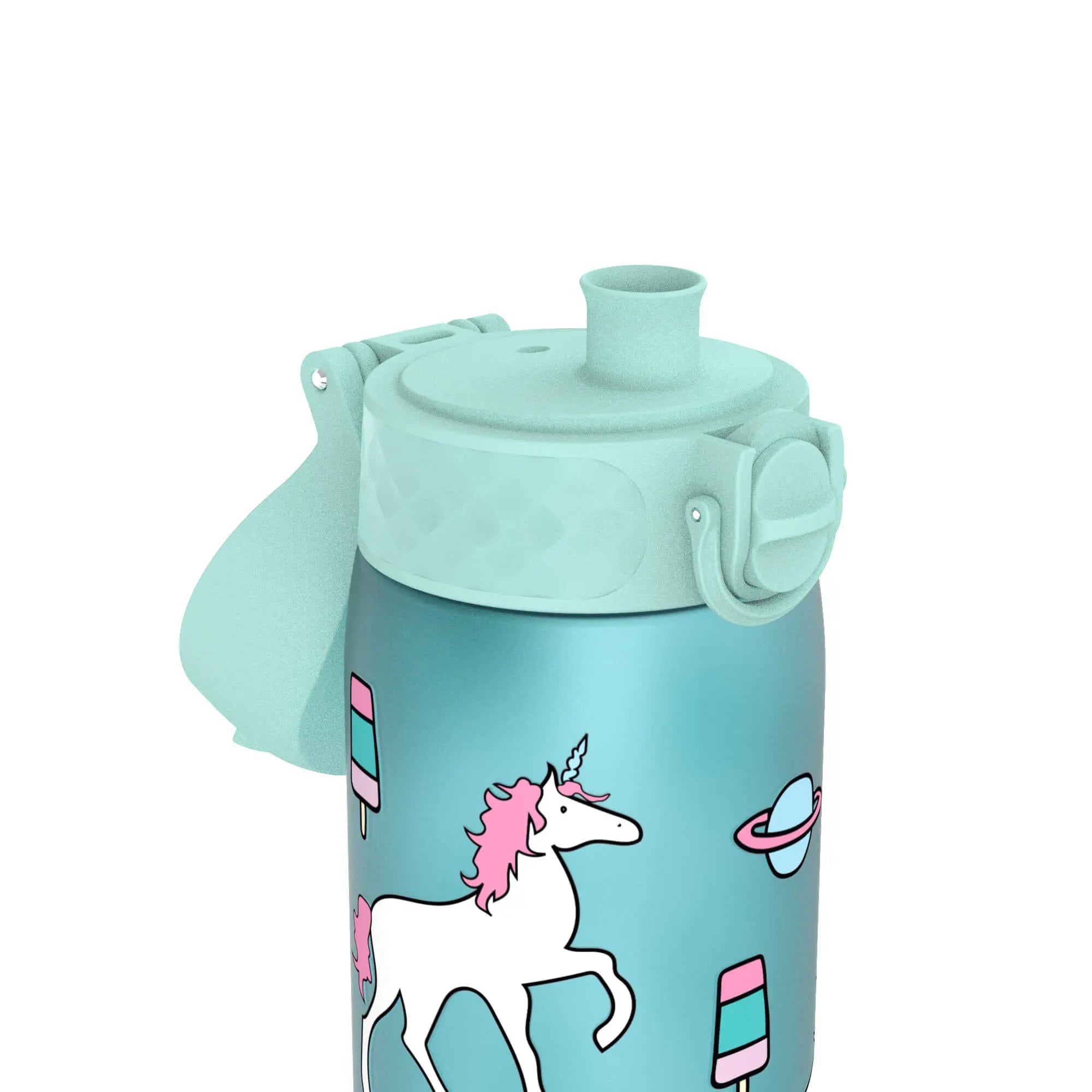 Ion8 Leak-Proof Slim Water Bottle with Planet Unicorns design, 500ml (18oz) recyclable Recyclon water bottle, durable and portable.