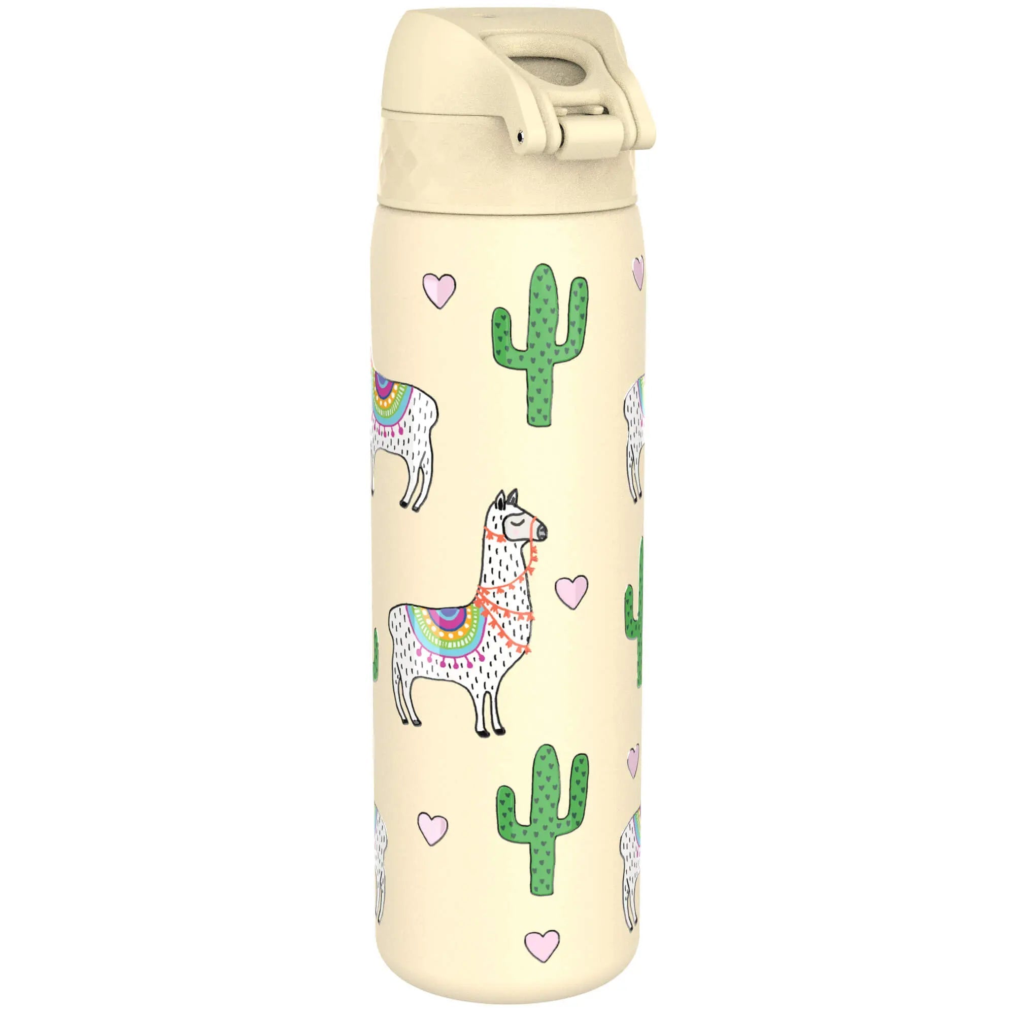 Ion8 leak-proof slim stainless steel water bottle with llama design, 600ml (20oz) for durable, portable hydration.