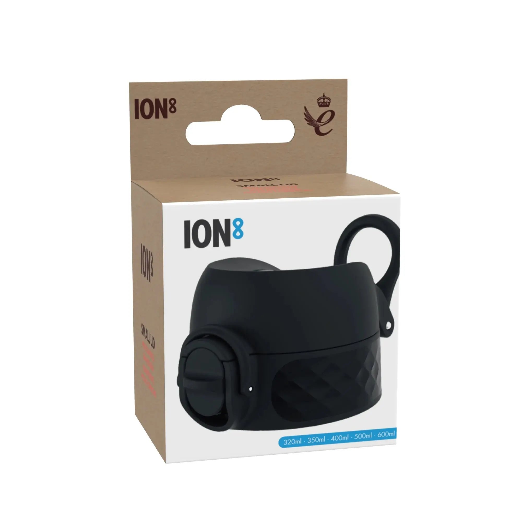 Black ION8 leak-proof water bottle replacement lid for small/medium bottles, OneTouch 2.0 style, designed for secure hydration.
